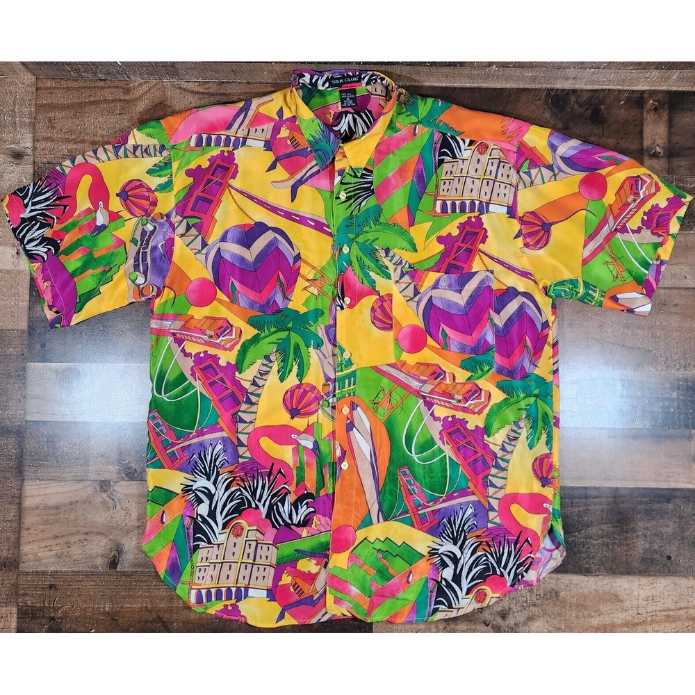 Vintage 90s Silk Club Shirt Mens XL San Francisco All Over Golden Gate Bridge